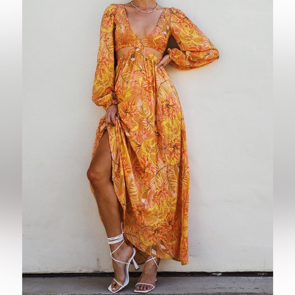Vici Smocked Orange Floral Cut Out Maxi Dress